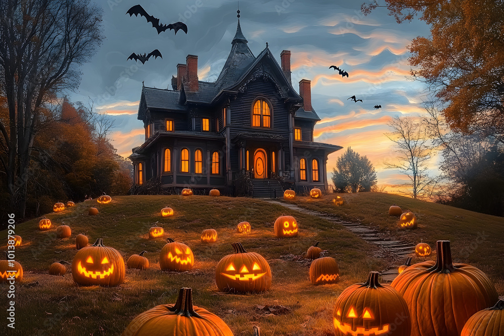 This creepy cartoon mansion has glowing pumpkins and bats. This creepy cartoon mansion has glowing pumpkins and bats.