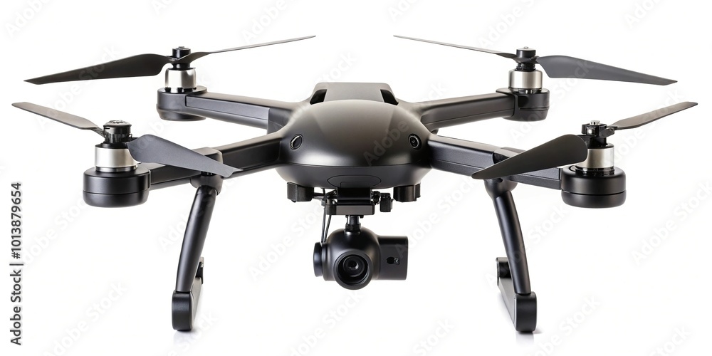 Black symmetrical quadcopter drone isolated on white background Black symmetrical quadcopter drone isolated on white background