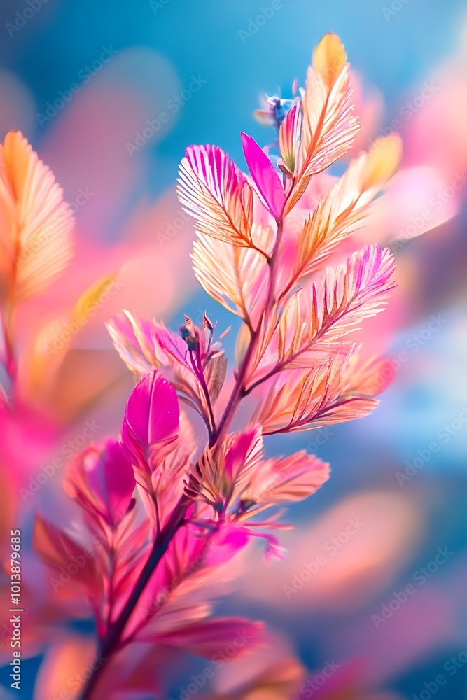Vibrant pink and orange leaves with soft blue bokeh background Vibrant pink and orange leaves with soft blue bokeh background