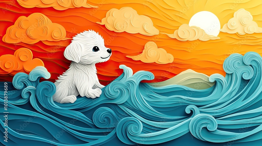 Small white dog joyfully playing in the ocean waves Joyful small white dog playing in ocean waves Small white dog joyfully playing in the ocean waves Joyful small white dog playing in ocean waves