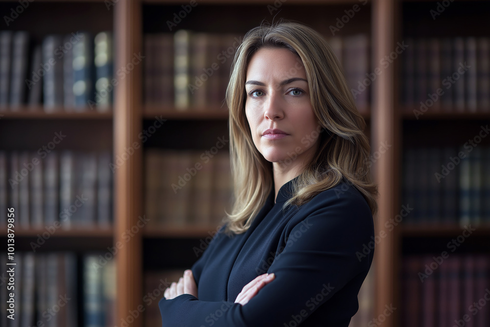 Portrait of a serious-looking female lawyer standing in front of tall law bookshelves. Portrait of a serious-looking female lawyer standing in front of tall law bookshelves.