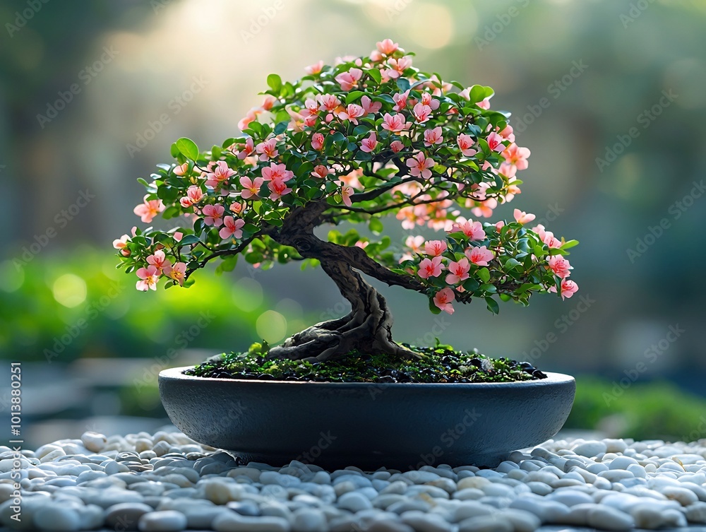Flowering bonsai tree with delicate pink blossoms growing in a sleek black ceramic pot surrounded by white pebbles Flowering bonsai tree with delicate pink blossoms growing in a sleek black ceramic pot surrounded by white pebbles