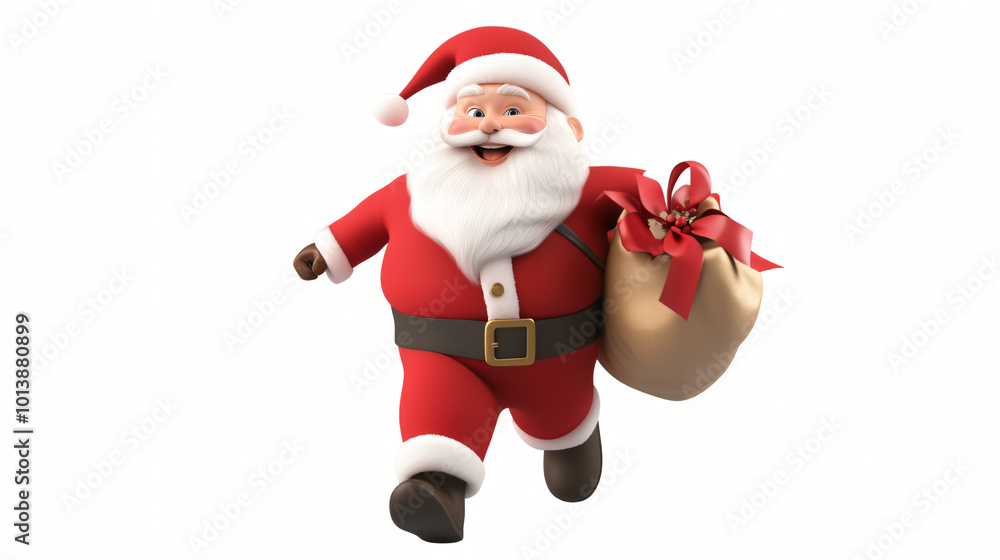 Santa Claus joyfully holding a colorful gift surrounded by other presents