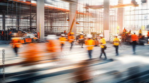 A busy construction site with many builders working. Long exposure motion blur