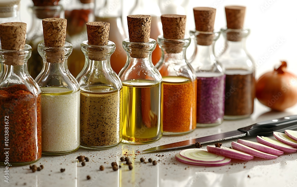 Variety of spices and oils in glass bottles with sliced onion on countertop Variety of spices and oils in glass bottles with sliced onion on countertop