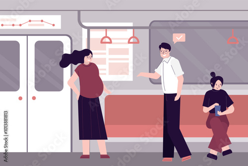 Good manners. Man on metro gives up his seat to pregnant woman. Etiquette, concept. Tired woman and people in subway. Conscience, ethics and morality. Respect pregnant woman.