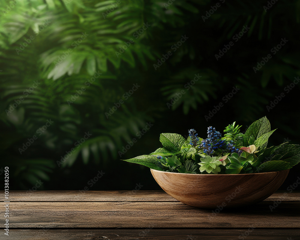 Fresh herbs in a wooden bowl, natural setting. Fresh herbs in a wooden bowl, natural setting.