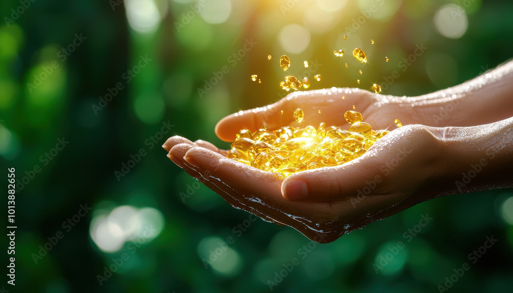 Hands holding shimmering golden droplets Hands holding shimmering golden droplets
