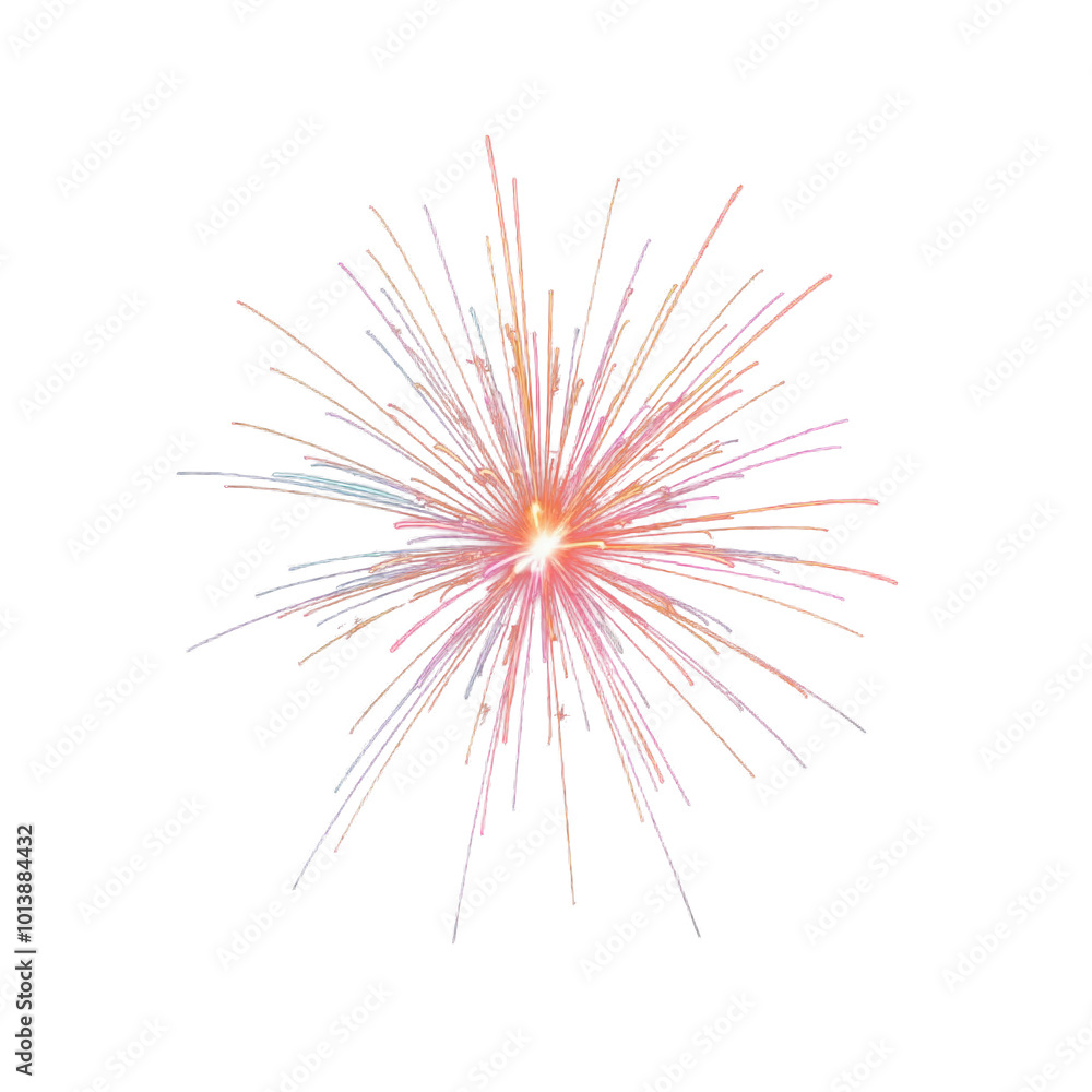 Obraz premium Vibrant firework explosion captured in full bloom against a transparent background. Ideal for festive designs, holiday celebrations, and event decorations.