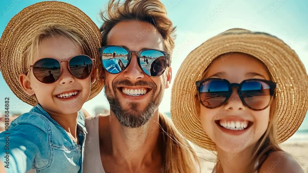 A young Caucasian family of three smiles wide on a sunny beach day. Male and female adults, and a child wear hats and sunglasses, enjoying the summer. The clear sky reflects in their sunglasses. A young Caucasian family of three smiles wide on a sunny beach day. Male and female adults, and a child wear hats and sunglasses, enjoying the summer. The clear sky reflects in their sunglasses.