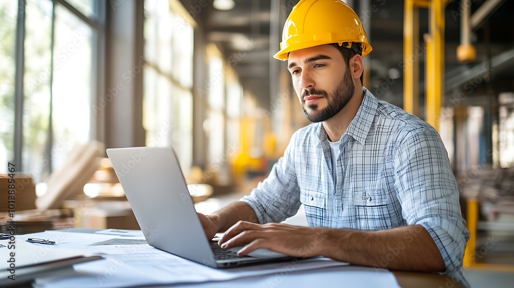 A portrait of an engineer showing a project report on a laptop to site managers. A portrait of an engineer showing a project report on a laptop to site managers.