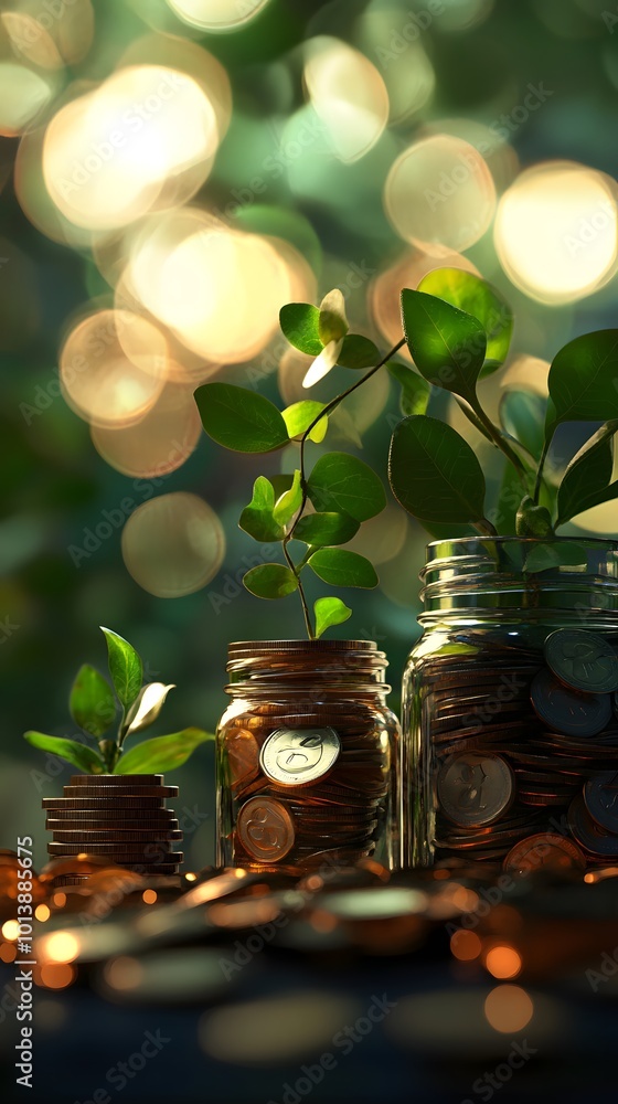 Artistic representation of money growth with coins and plant growing from jar, concept of financial success or wellness on green bokeh background Artistic representation of money growth with coins and plant growing from jar, concept of financial success or wellness on green bokeh background