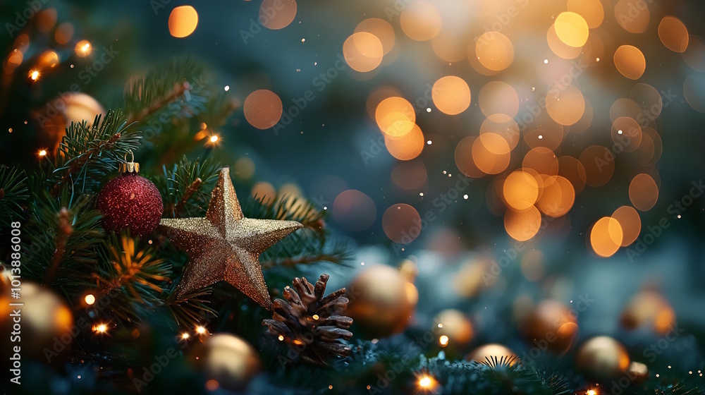 Close-up of Christmas tree with star ornaments, pinecones, and golden bokeh lights in the background, evoking festive joy and warmth, concept for Christmas, New Year, holiday decorations Close-up of Christmas tree with star ornaments, pinecones, and golden bokeh lights in the background, evoking festive joy and warmth, concept for Christmas, New Year, holiday decorations