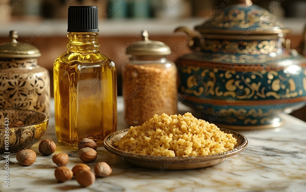 Rustic kitchen scene with olive oil, spices, and couscous on a marble counter Rustic kitchen scene with olive oil, spices, and couscous on a marble counter