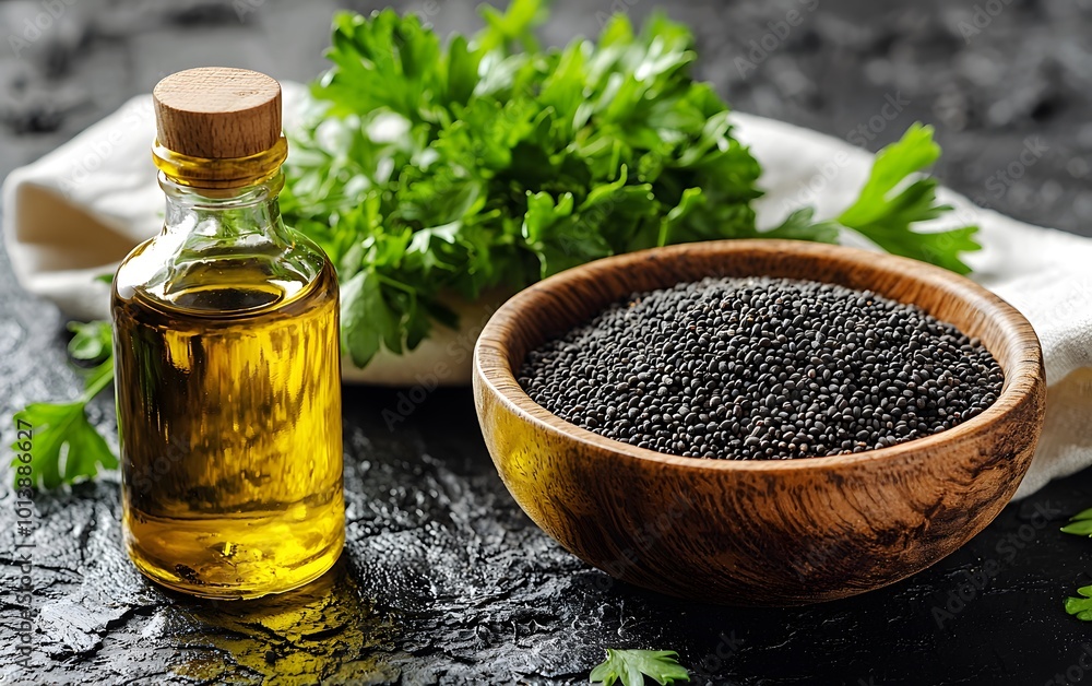 Black sesame seeds in wooden bowl with oil and fresh parsley on slate surface Black sesame seeds in wooden bowl with oil and fresh parsley on slate surface
