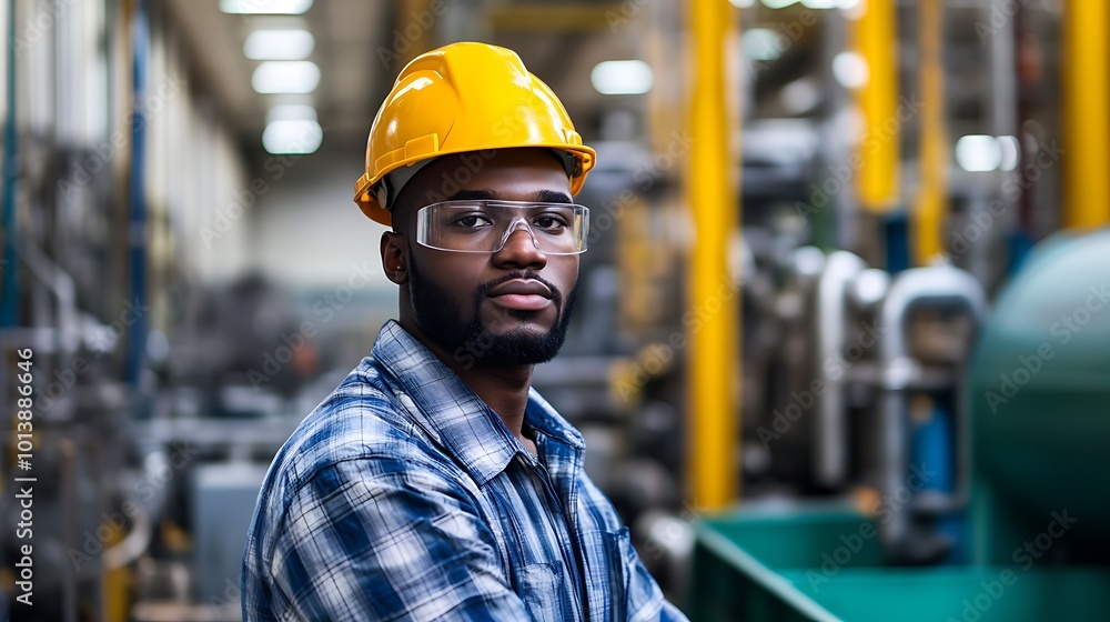 A portrait of an industrial engineer in a hard hat conducting safety checks in a busy factory. A portrait of an industrial engineer in a hard hat conducting safety checks in a busy factory.