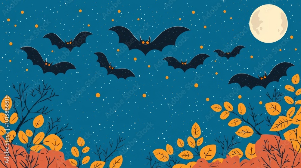 Illustration of bats flying under a full moon in a starry night sky, with autumn leaves and bare trees below. Illustration of bats flying under a full moon in a starry night sky, with autumn leaves and bare trees below.