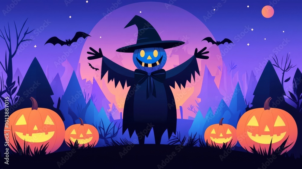 Halloween scene with scarecrow, jack-o'-lanterns, bats, and full moon in a spooky forest at night. Halloween scene with scarecrow, jack-o'-lanterns, bats, and full moon in a spooky forest at night.