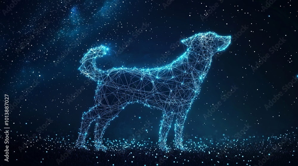 In this celestial-themed artwork, a canine is subtly shaped by constellations and stars, evoking a sense of timeless mystery and artistic interpretation of space. In this celestial-themed artwork, a canine is subtly shaped by constellations and stars, evoking a sense of timeless mystery and artistic interpretation of space.