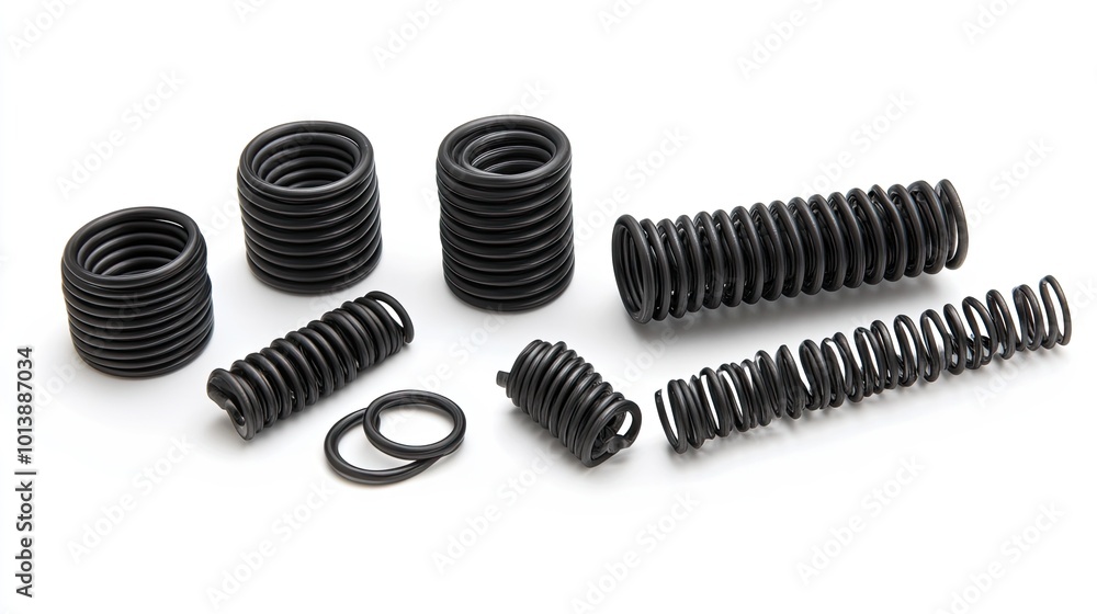 A collection of black metal springs of various sizes and shapes isolated on a white background. A collection of black metal springs of various sizes and shapes isolated on a white background.