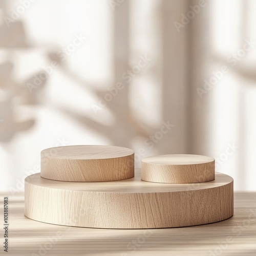 Wooden podium for product presentation. 3D render. Abstract background.