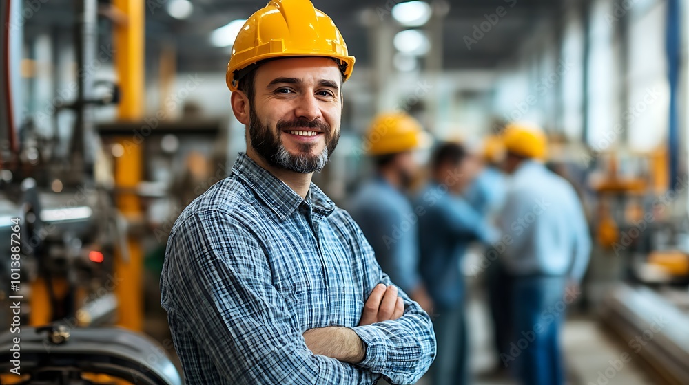 A portrait of an industrial engineer in a hard hat explaining machine operations to a group of workers in a factory.