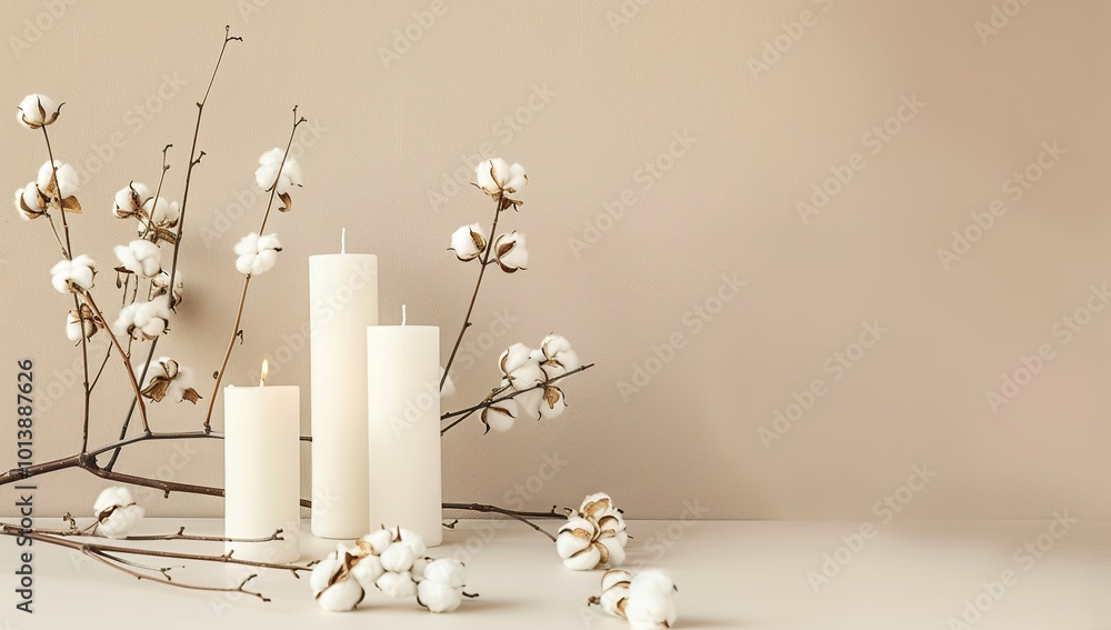 C thumbnail photo of white candles and cotton branches on table, beige... C thumbnail photo of white candles and cotton branches on table, beige...