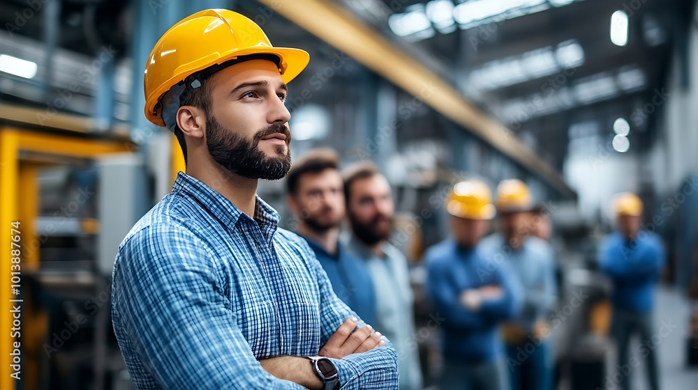 A portrait of an industrial engineer in a hard hat discussing production plans with colleagues in a factory. A portrait of an industrial engineer in a hard hat discussing production plans with colleagues in a factory.