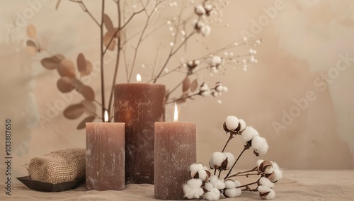 Civid candles and cotton flowers on table, beige background. photo