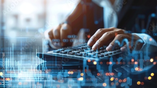 Businessperson Typing on Calculator with Futuristic Financial Graph, Data Analytics, Stock market business Digital financial chart and exchange financial growth graph, Finance Management