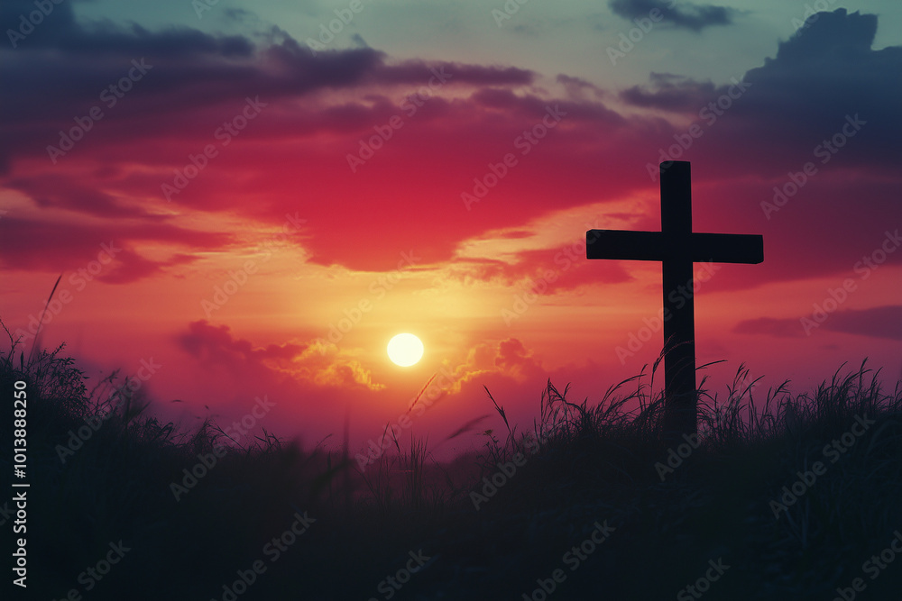 Cross at Sunset with Silhouette Against Dramatic Sky, Christian Faith Symbol in Peaceful Evening Scene, Glowing Horizon Cross at Sunset with Silhouette Against Dramatic Sky, Christian Faith Symbol in Peaceful Evening Scene, Glowing Horizon