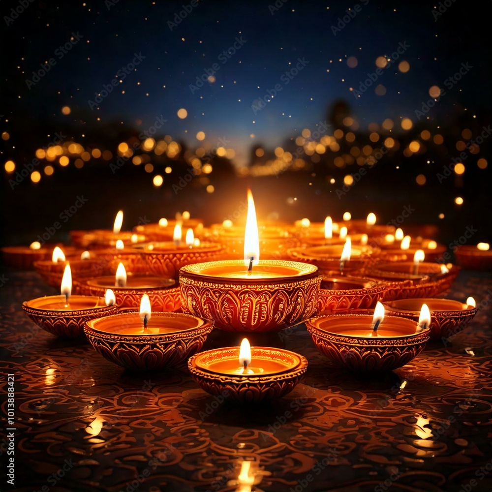 Illustrative art of diyas flickering against a dark night sky, their warm glow illuminating the surroundings. Illustrative art of diyas flickering against a dark night sky, their warm glow illuminating the surroundings.