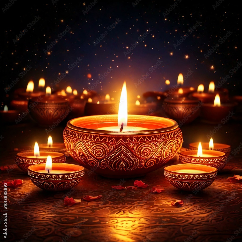 Illustrative art of diyas flickering against a dark night sky, their warm glow illuminating the surroundings. Illustrative art of diyas flickering against a dark night sky, their warm glow illuminating the surroundings.
