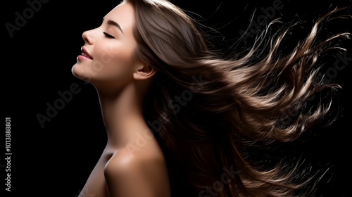 Beautiful Woman with Flowing Healthy Shiny Hair in Studio