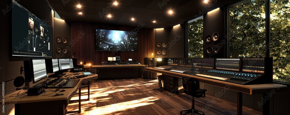 A digital music studio with recording booths, sound editing suites, and an area for live streaming performances A digital music studio with recording booths, sound editing suites, and an area for live streaming performances