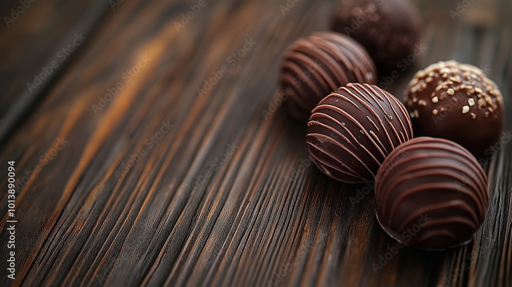 Artisan chocolate truffles arranged on a rustic wooden surface, showcasing a clean and luxurious aesthetic with earthy tones Artisan chocolate truffles arranged on a rustic wooden surface, showcasing a clean and luxurious aesthetic with earthy tones
