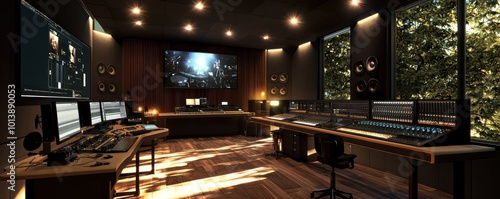 A digital music studio with recording booths, sound editing suites, and an area for live streaming performances photo