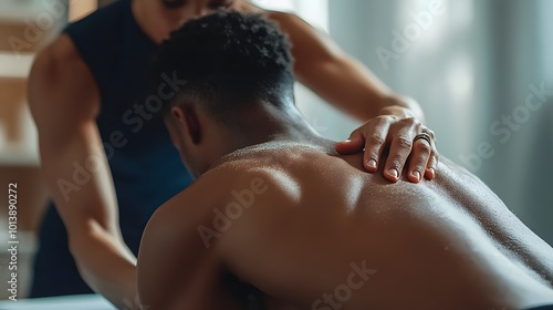 In a serene clinic setting, a therapist is providing a soothing back massage to a client, creating a calming atmosphere photo