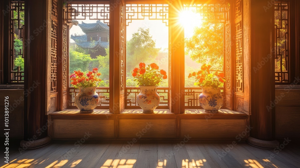 Fototapeta premium Traditional Chinese balcony window adorned with flower vases, with sunlight casting beautiful patterns through the intricate lattice.