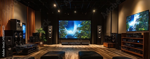 A high-end audiovisual experience store, featuring home theater setups, audiophile listening rooms, and the latest in visual technology for home entertainment