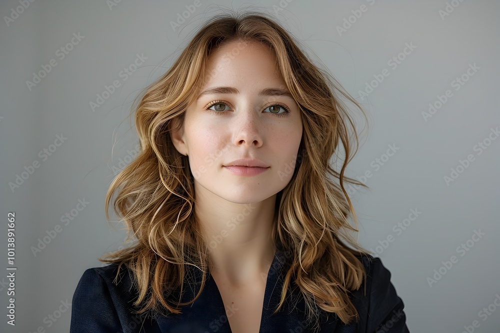 Obraz premium Confident and Stylish Young Woman in Chic Minimalist Outfit Posing for Professional Headshot
