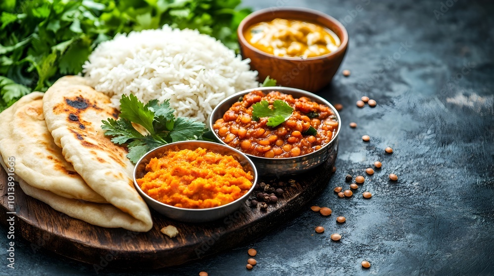 Indian Lunch Spread with Lentils,Paneer,Naan,Rice,and Chutney in Moody Setup Indian Lunch Spread with Lentils,Paneer,Naan,Rice,and Chutney in Moody Setup