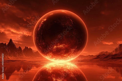 Crystal ball or orb with reflections of Mars in cosmic glowing. Red planet with an orange glow, reflecting the mountains on the background. Huge sphere of fire burning on top of it. Digital art.