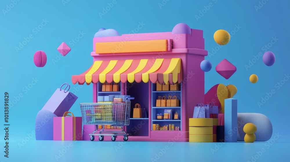 Fototapeta premium A 3D rendered illustration of a small shop with a shopping cart and bags in front of it, all on a blue background.