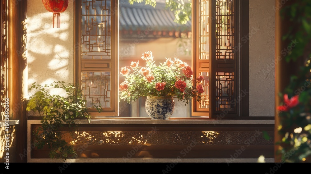 Traditional Chinese balcony window with flower vases, natural light creating an artistic interplay of light and shadow. Traditional Chinese balcony window with flower vases, natural light creating an artistic interplay of light and shadow.