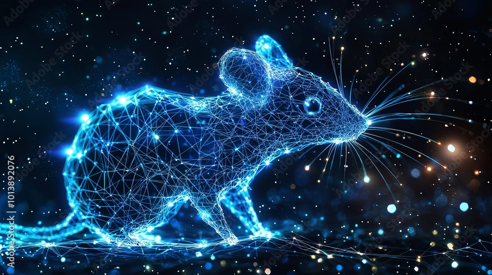 A luminous image of a mouse made from glowing blue lines against a starry background, illustrating the blend of technology and nature in a mesmerizing digital artwork. A luminous image of a mouse made from glowing blue lines against a starry background, illustrating the blend of technology and nature in a mesmerizing digital artwork.