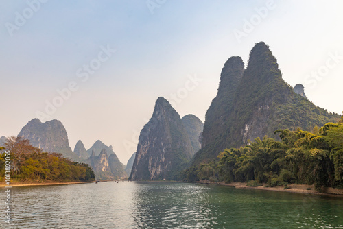 Li river (or Lijiang river). Between Yangshuo and Guilin, Guangxi, Lingchuan County, China.