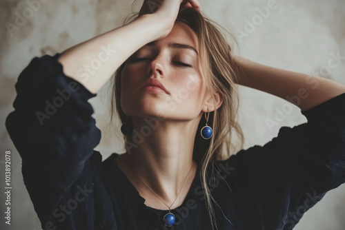 Wallpaper Mural Blonde woman wearing blue earrings and a necklace with lapis lazuli stone. Her eyes closed. She is posing for the camera with hand on her head and wearing black in natural light. Quiet luxury concept. Torontodigital.ca