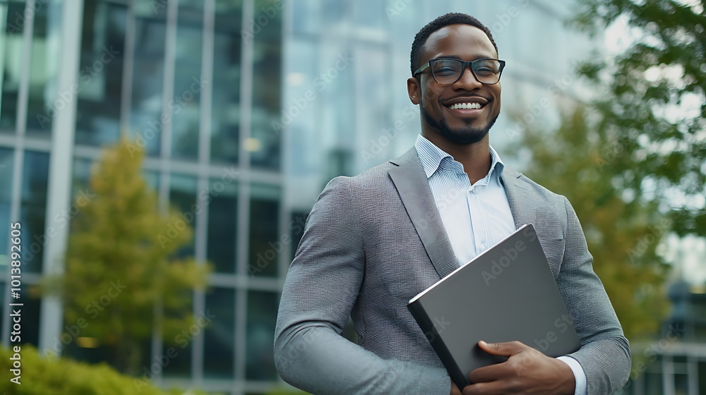 A portrait of a black businessman smiling confidently while holding a portfolio outside an office building. A portrait of a black businessman smiling confidently while holding a portfolio outside an office building.