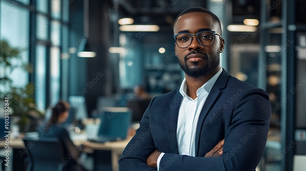 A portrait of a black businessman in a busy modern office, with a focused and determined expression. A portrait of a black businessman in a busy modern office, with a focused and determined expression.